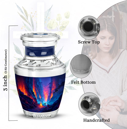 Calming Blue Campfire Cremation Urn top-down view of secure threaded lid - stylized abstract campfire pattern with bold lines - mini keepsake memorial for portion of cremation ashes