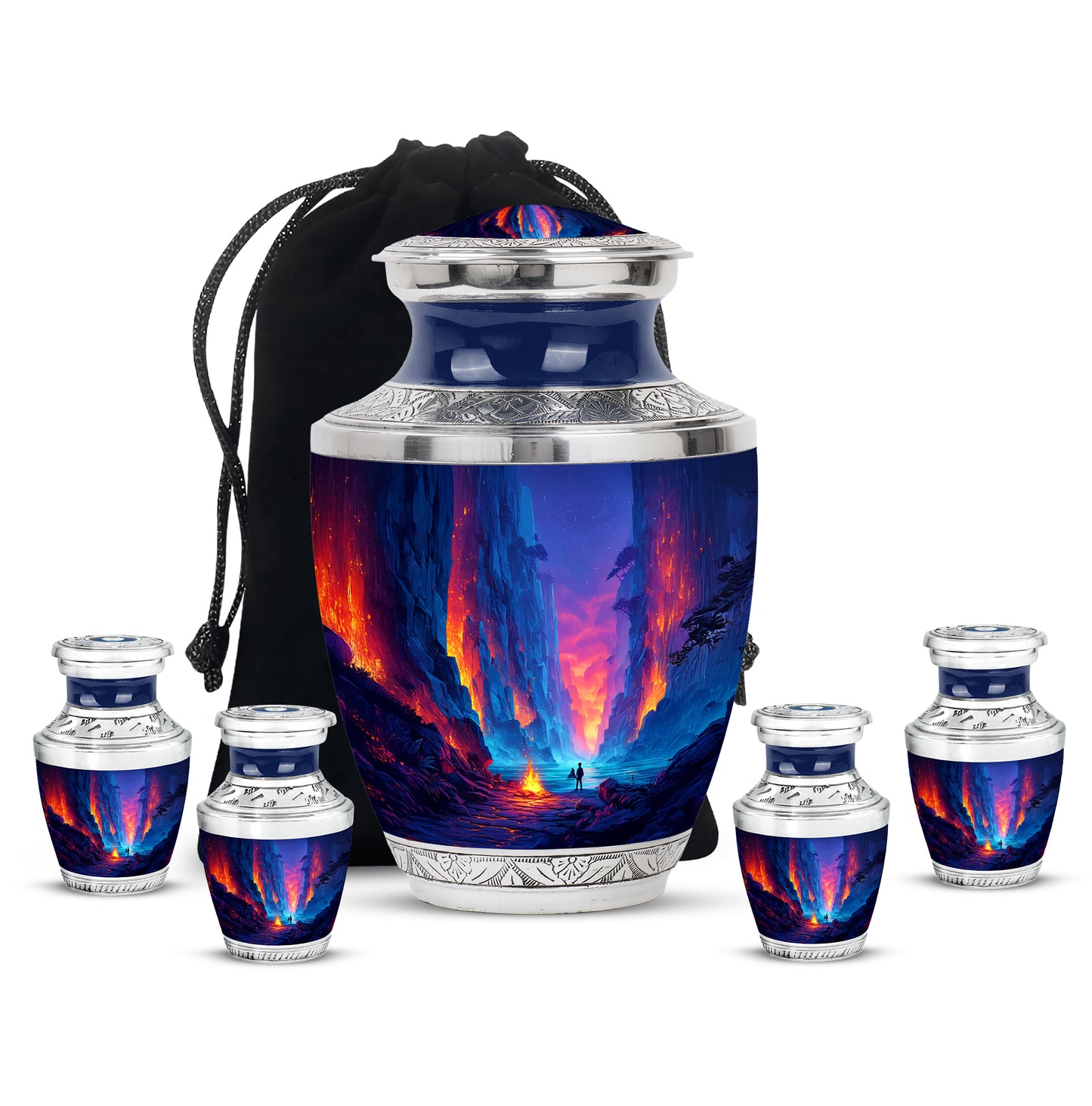 Royal Blue Campfire Cremation Urn lifestyle display on memorial shelf - artistic campfire interpretation with creative detail - memorial set with one large and four small urns