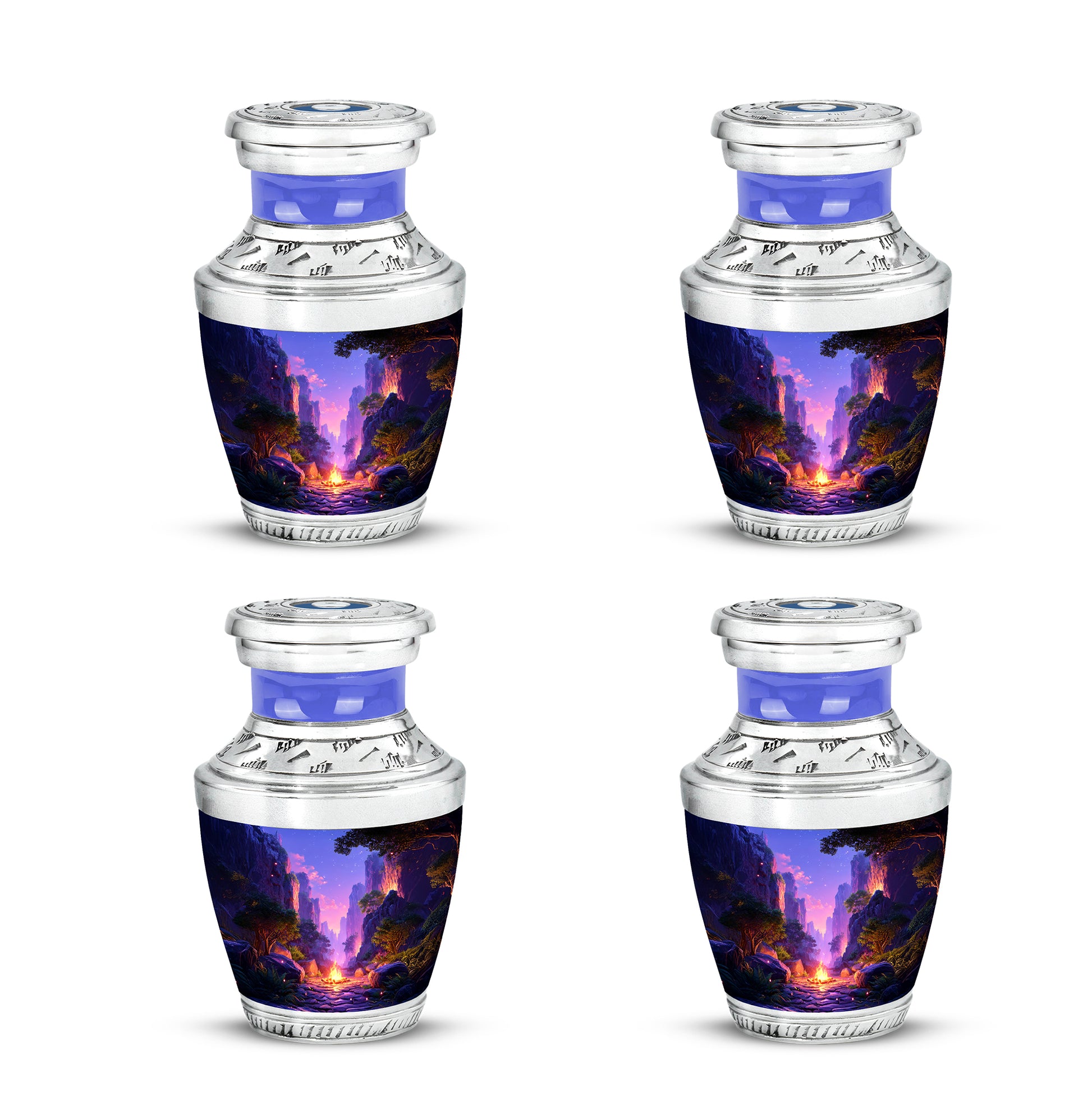 Bright Blue Campfire Cremation Urn back view with polished surface - stylized abstract campfire pattern with bold lines - 10 inch aluminum urn for cremated remains