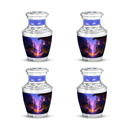 Bright Blue Campfire Cremation Urn back view with polished surface - stylized abstract campfire pattern with bold lines - 10 inch aluminum urn for cremated remains