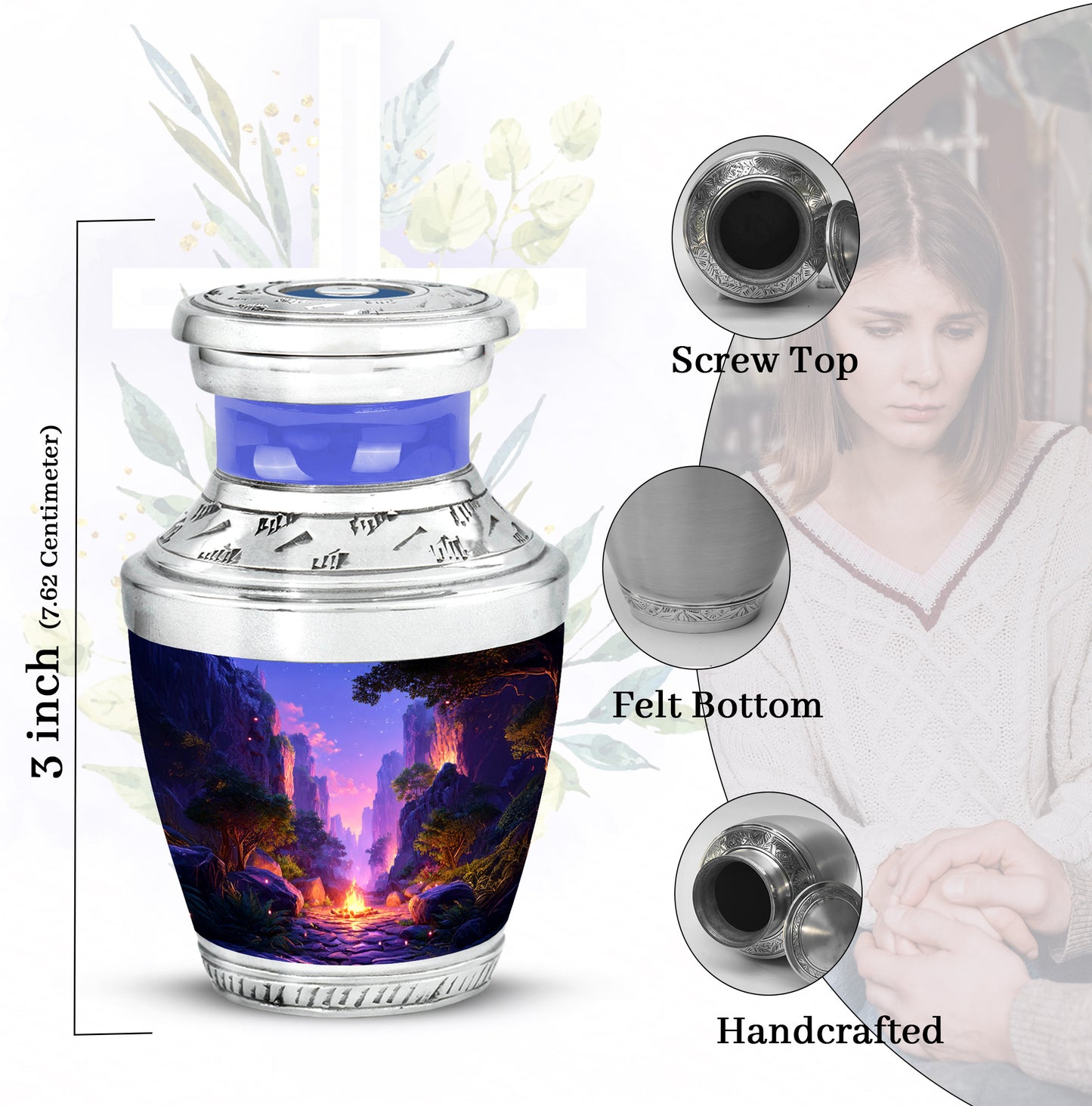 Slate Blue Campfire Cremation Urn top-down view of secure threaded lid - contemporary campfire design with modern artistic flair - mini keepsake memorial for portion of cremation ashes