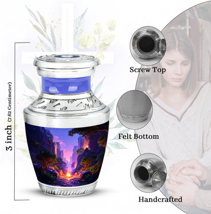 Slate Blue Campfire Cremation Urn top-down view of secure threaded lid - contemporary campfire design with modern artistic flair - mini keepsake memorial for portion of cremation ashes