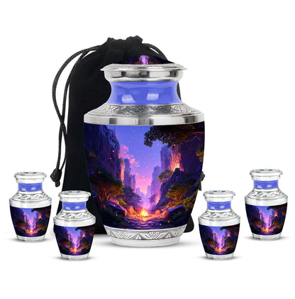 Serene Blue Campfire Cremation Urn lifestyle display on memorial shelf - stylized abstract campfire pattern with bold lines - memorial set with one large and four small urns