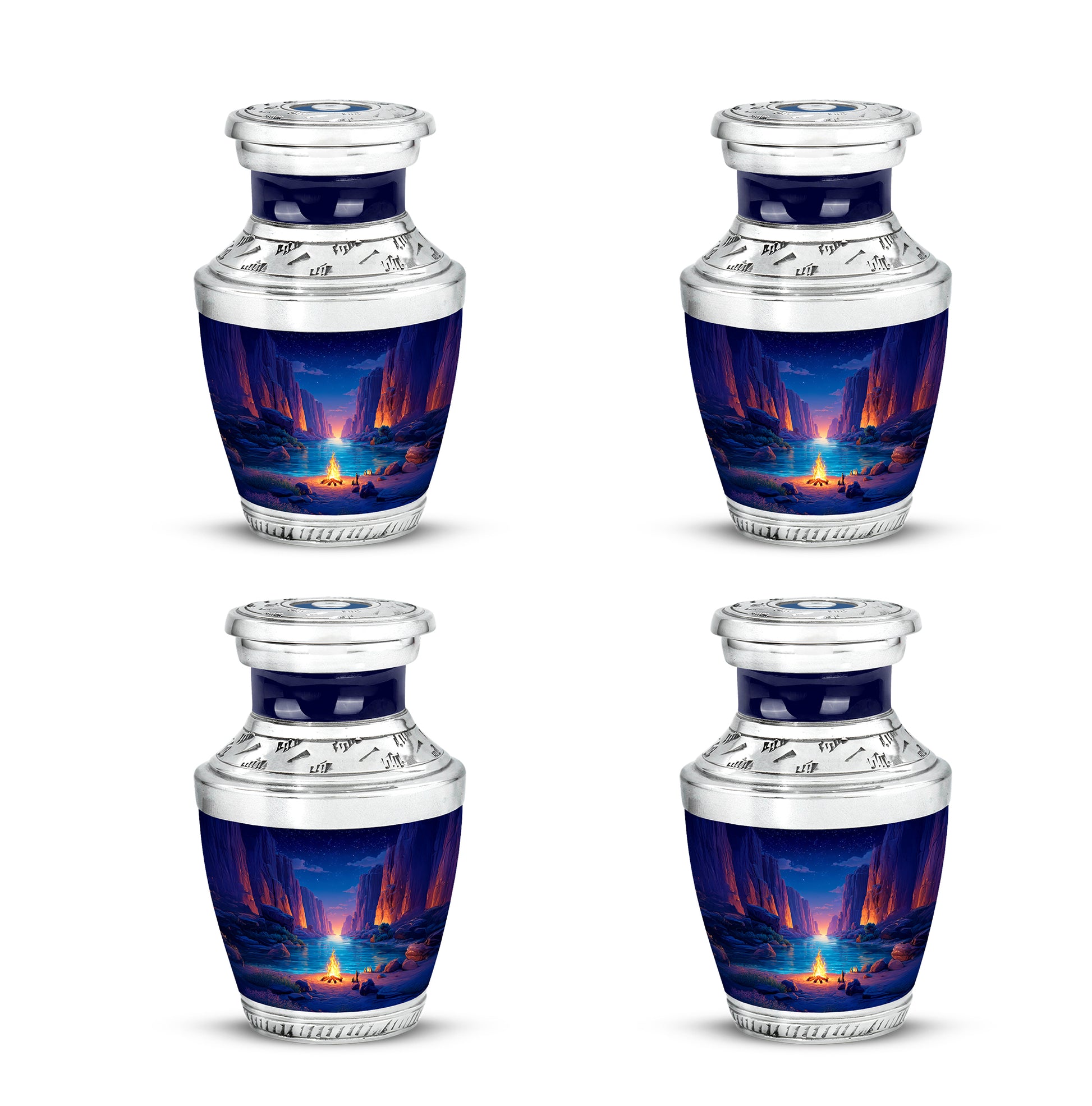 Dusty Blue Campfire Cremation Urn back view with polished surface - modern art-inspired campfire motif on sleek aluminum - 10 inch aluminum urn for cremated remains