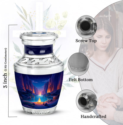 Sky Blue Campfire Cremation Urn top-down view of secure threaded lid - modern art-inspired campfire motif on sleek aluminum - mini keepsake memorial for portion of cremation ashes