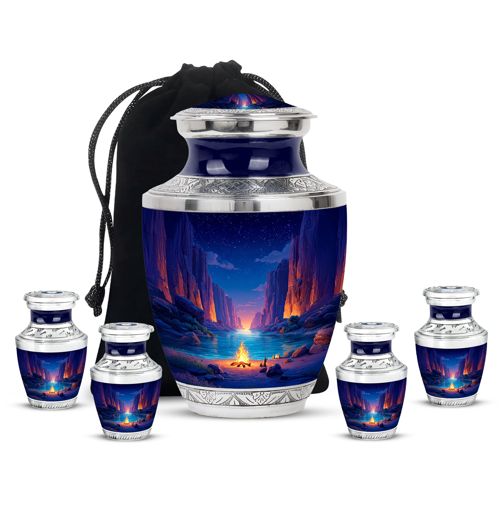 Indigo Campfire Cremation Urn lifestyle display on memorial shelf - modern art-inspired campfire motif on sleek aluminum - memorial set with one large and four small urns