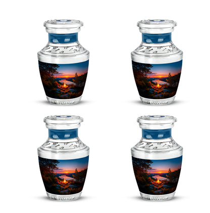 Soft Blue Campfire Cremation Urn back view with polished surface - artistic campfire interpretation with creative detail - 10 inch aluminum urn for cremated remains