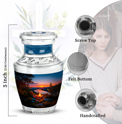 Sky Blue Campfire Cremation Urn top-down view of secure threaded lid - modern art-inspired campfire motif on sleek aluminum - mini keepsake memorial for portion of cremation ashes