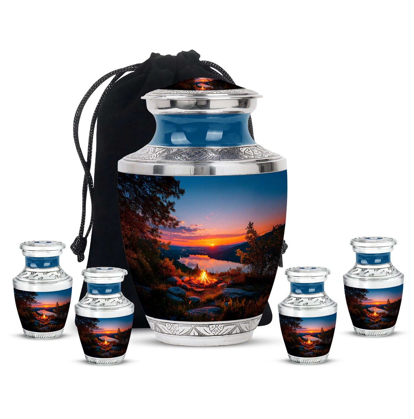 Steel Blue Campfire Cremation Urn lifestyle display on memorial shelf - stylized abstract campfire pattern with bold lines - memorial set with one large and four small urns