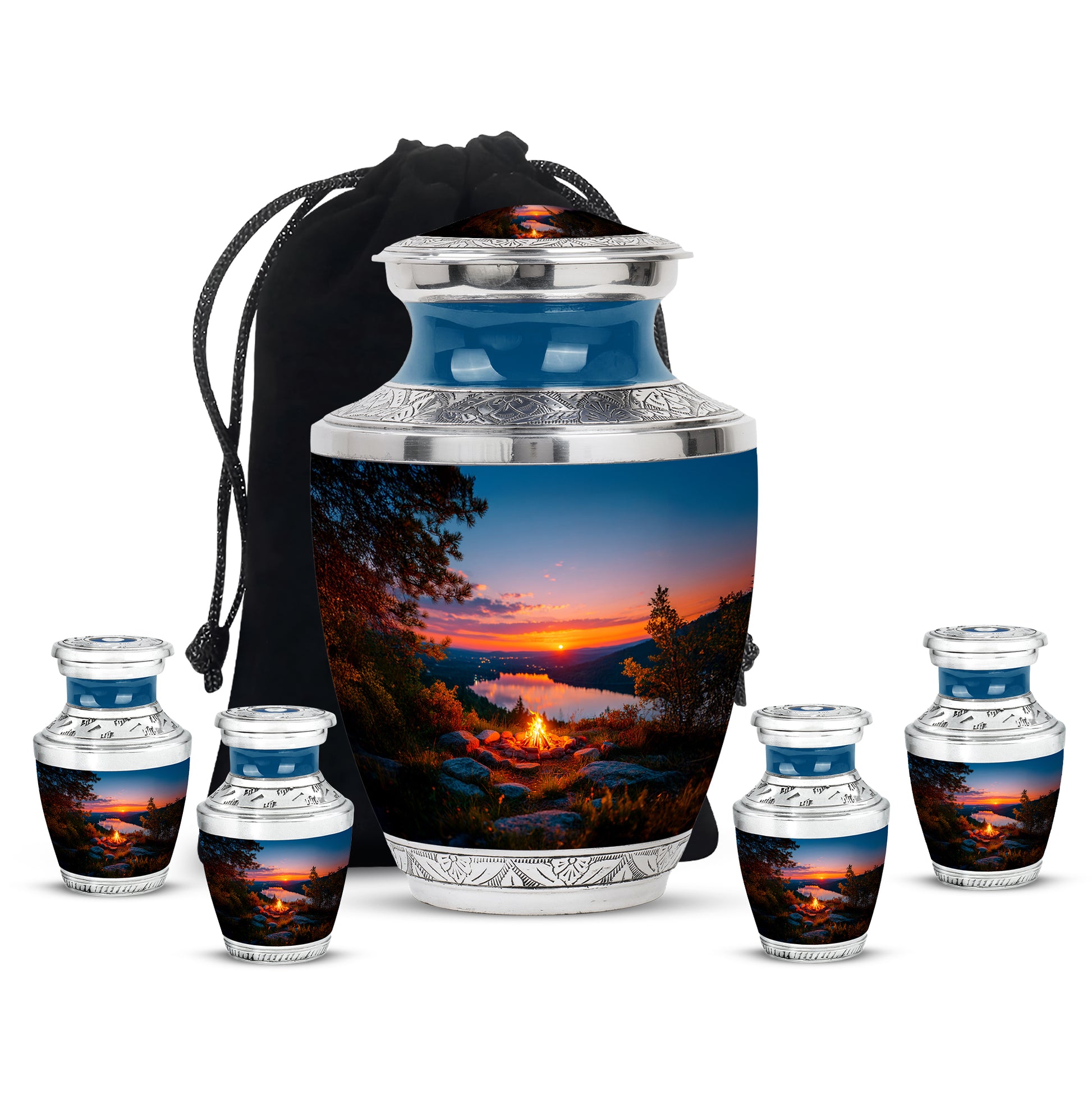 Steel Blue Campfire Cremation Urn lifestyle display on memorial shelf - stylized abstract campfire pattern with bold lines - memorial set with one large and four small urns
