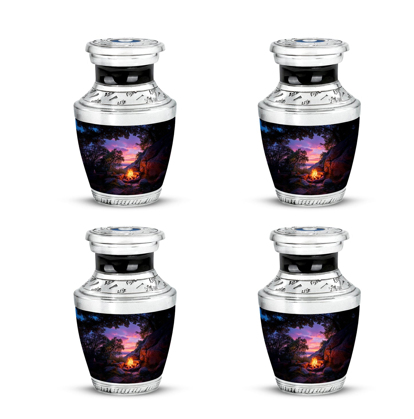Glossy Black Campfire Cremation Urn back view with polished surface - contemporary campfire design with modern artistic flair - 10 inch aluminum urn for cremated remains