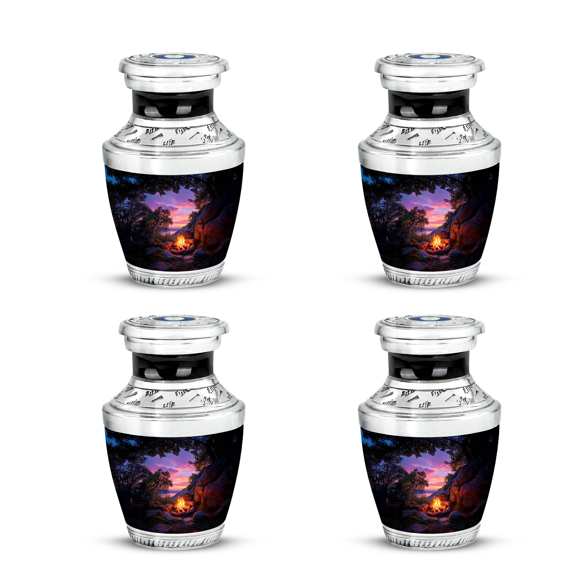 Glossy Black Campfire Cremation Urn back view with polished surface - contemporary campfire design with modern artistic flair - 10 inch aluminum urn for cremated remains