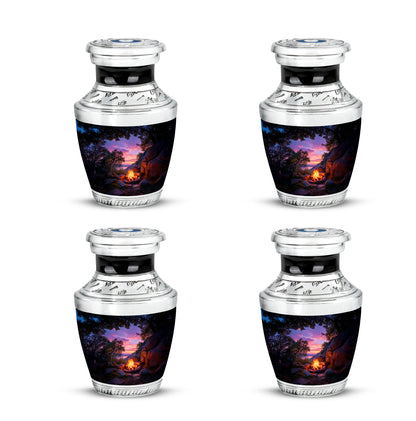 Glossy Black Campfire Cremation Urn back view with polished surface - contemporary campfire design with modern artistic flair - 10 inch aluminum urn for cremated remains