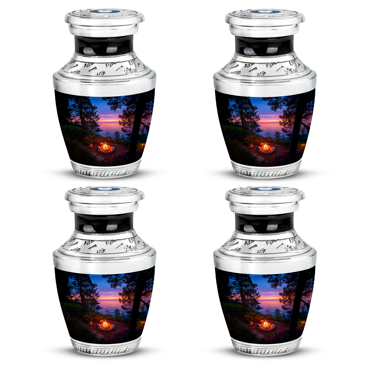 Indigo Campfire Cremation Urn back view with polished surface - modern art-inspired campfire motif on sleek aluminum - 10 inch aluminum urn for cremated remains