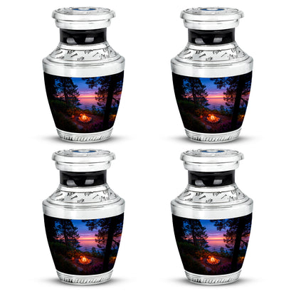 Indigo Campfire Cremation Urn back view with polished surface - modern art-inspired campfire motif on sleek aluminum - 10 inch aluminum urn for cremated remains