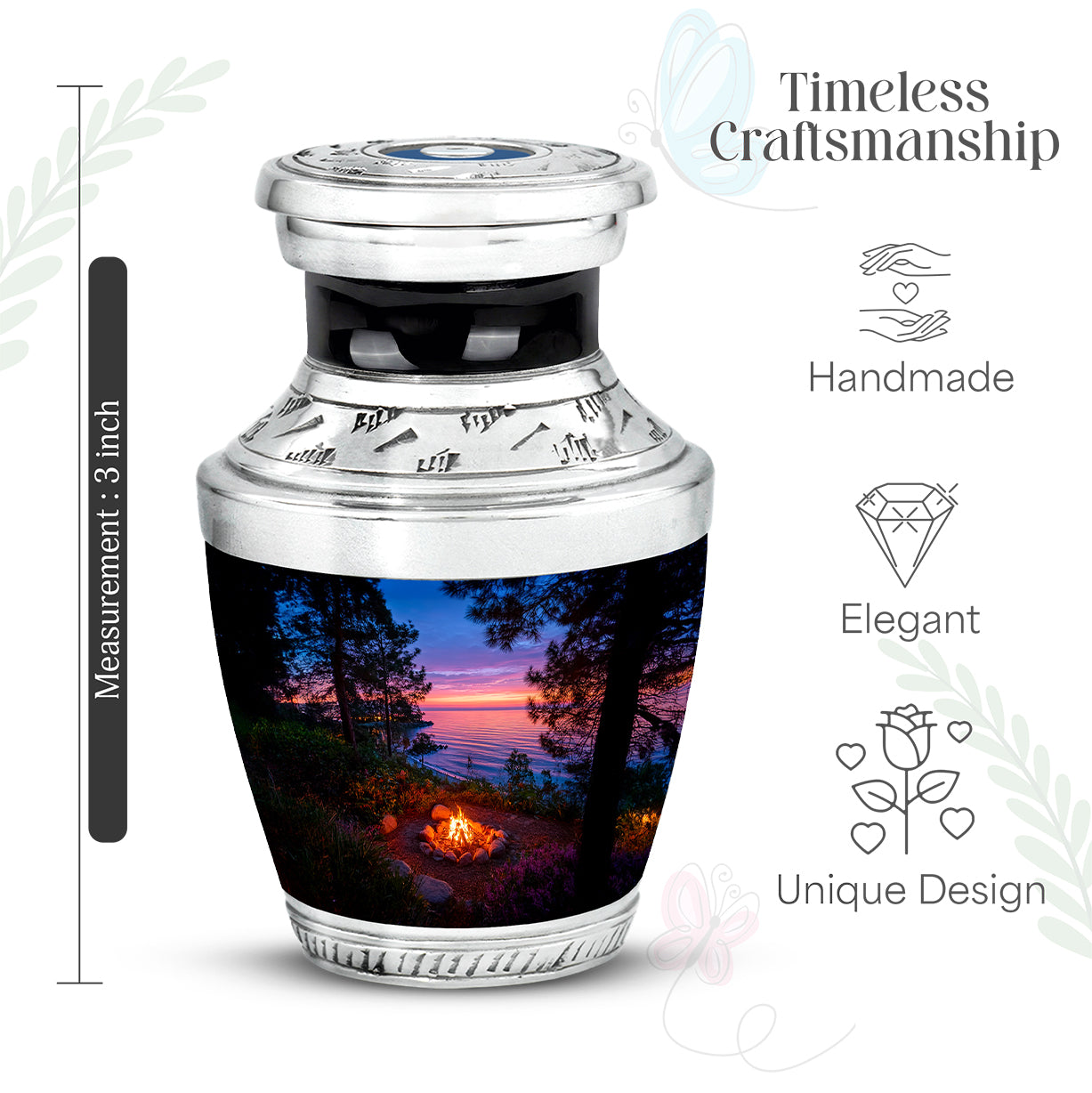 Icy Blue Campfire Cremation Urn top-down view of secure threaded lid - modern art-inspired campfire motif on sleek aluminum - mini keepsake memorial for portion of cremation ashes