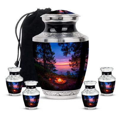Misty Blue Campfire Cremation Urn lifestyle display on memorial shelf - contemporary campfire design with modern artistic flair - memorial set with one large and four small urns