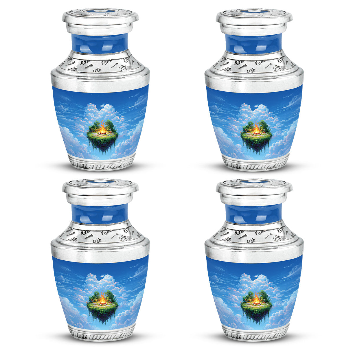 Pastel Blue Campfire Cremation Urn back view with polished surface - modern art-inspired campfire motif on sleek aluminum - 10 inch aluminum urn for cremated remains