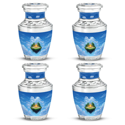 Pastel Blue Campfire Cremation Urn back view with polished surface - modern art-inspired campfire motif on sleek aluminum - 10 inch aluminum urn for cremated remains