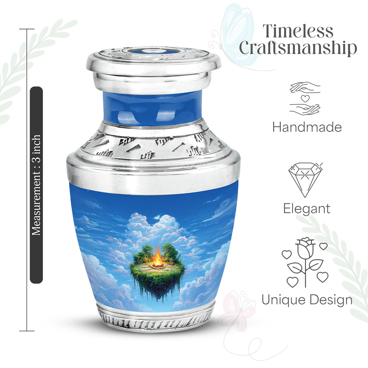 Vivid Blue Campfire Cremation Urn top-down view of secure threaded lid - stylized abstract campfire pattern with bold lines - mini keepsake memorial for portion of cremation ashes