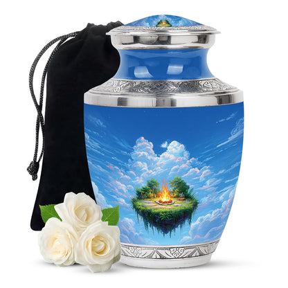 Soft Blue Campfire Cremation Urn side profile showing urn shape - stylized abstract campfire pattern with bold lines - full-size 10 inch 200 cubic inch adult cremation urn
