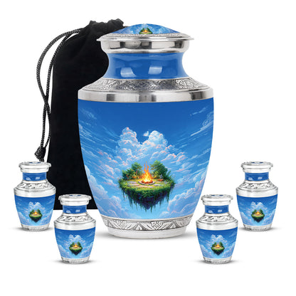 Cornflower Blue Campfire Cremation Urn lifestyle display on memorial shelf - stylized abstract campfire pattern with bold lines - memorial set with one large and four small urns