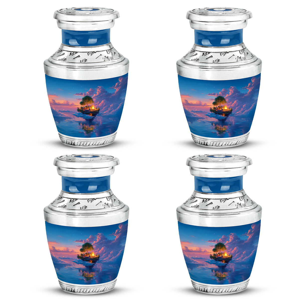 Sapphire Blue Campfire Cremation Urn back view with polished surface - stylized abstract campfire pattern with bold lines - 10 inch aluminum urn for cremated remains