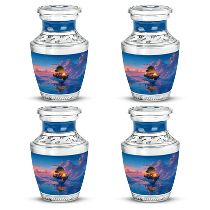 Sapphire Blue Campfire Cremation Urn back view with polished surface - stylized abstract campfire pattern with bold lines - 10 inch aluminum urn for cremated remains