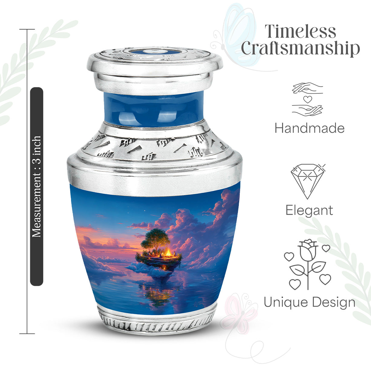 Twilight Blue Campfire Cremation Urn top-down view of secure threaded lid - artistic campfire interpretation with creative detail - mini keepsake memorial for portion of cremation ashes