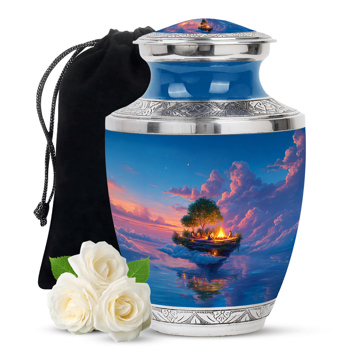 Twilight Blue Campfire Cremation Urn side profile showing urn shape - artistic campfire interpretation with creative detail - full-size 10 inch 200 cubic inch adult cremation urn
