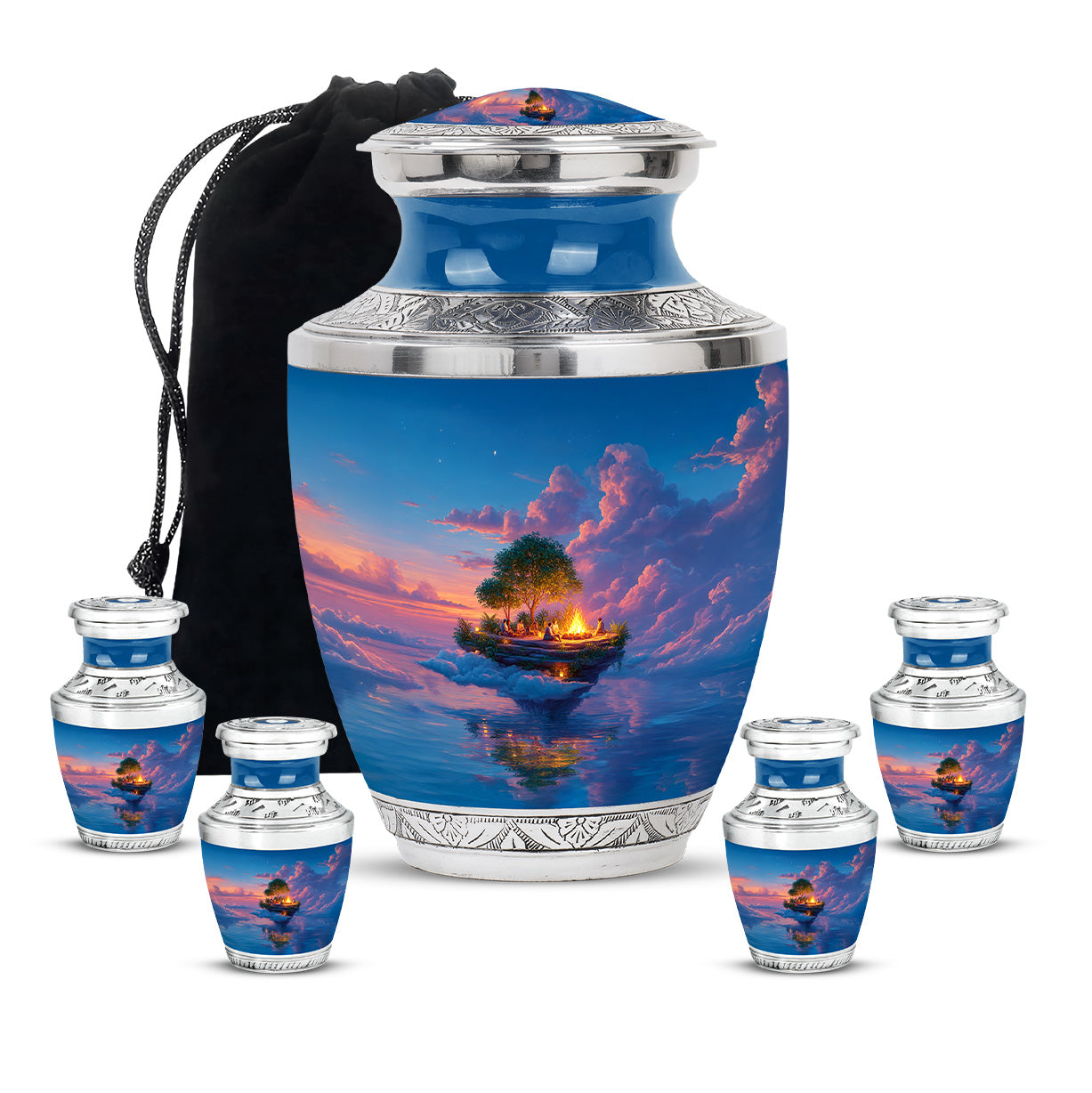 Cobalt Blue Campfire Cremation Urn lifestyle display on memorial shelf - stylized abstract campfire pattern with bold lines - memorial set with one large and four small urns