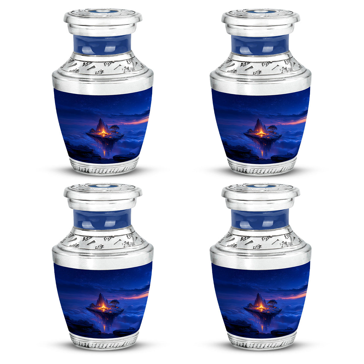 Indigo Campfire Cremation Urn back view with polished surface - contemporary campfire design with modern artistic flair - 10 inch aluminum urn for cremated remains