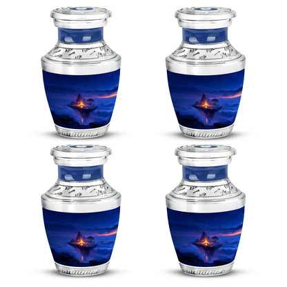 Indigo Campfire Cremation Urn back view with polished surface - contemporary campfire design with modern artistic flair - 10 inch aluminum urn for cremated remains
