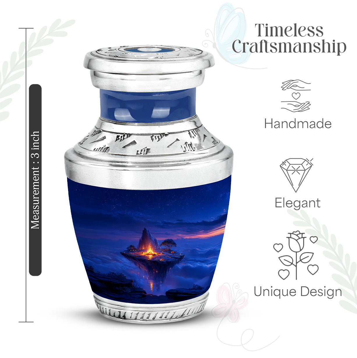 Cornflower Blue Campfire Cremation Urn top-down view of secure threaded lid - stylized abstract campfire pattern with bold lines - mini keepsake memorial for portion of cremation ashes