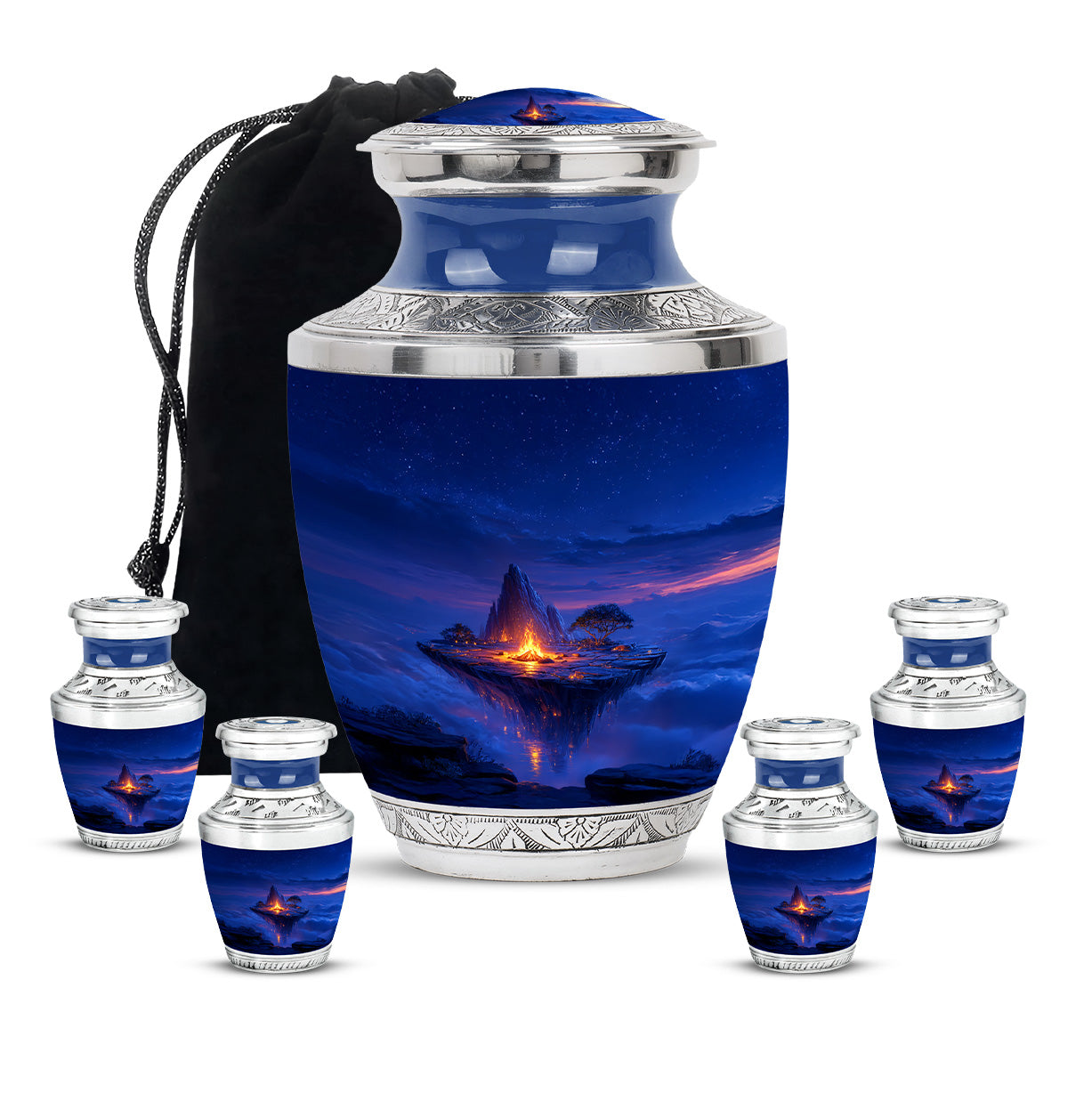 Bright Blue Campfire Cremation Urn lifestyle display on memorial shelf - artistic campfire interpretation with creative detail - memorial set with one large and four small urns