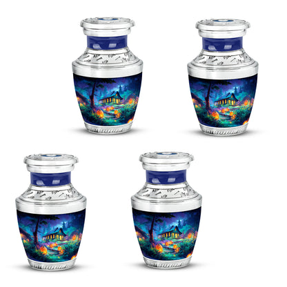 Icy Blue Halloween Cremation Urn back view with polished surface - modern art-inspired halloween motif on sleek aluminum - 10 inch aluminum urn for cremated remains