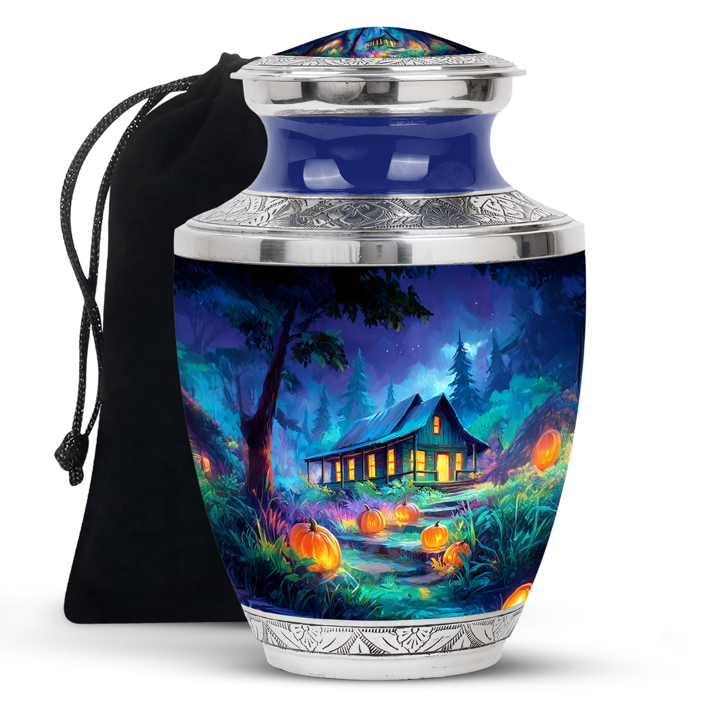 Soft Blue Halloween Cremation Urn side profile showing urn shape - stylized abstract halloween pattern with bold lines - full-size 10 inch 200 cubic inch adult cremation urn