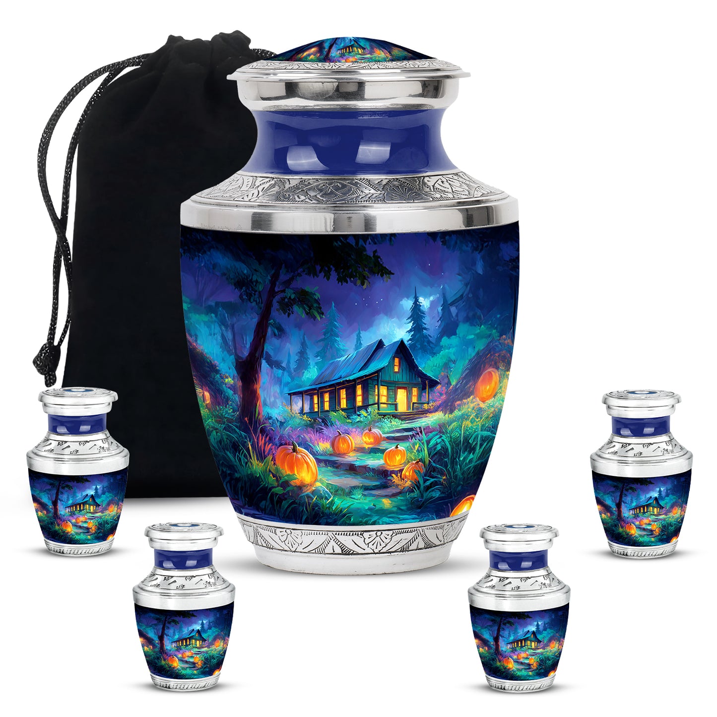 Royal Blue Halloween Cremation Urn lifestyle display on memorial shelf - artistic halloween interpretation with creative detail - memorial set with one large and four small urns