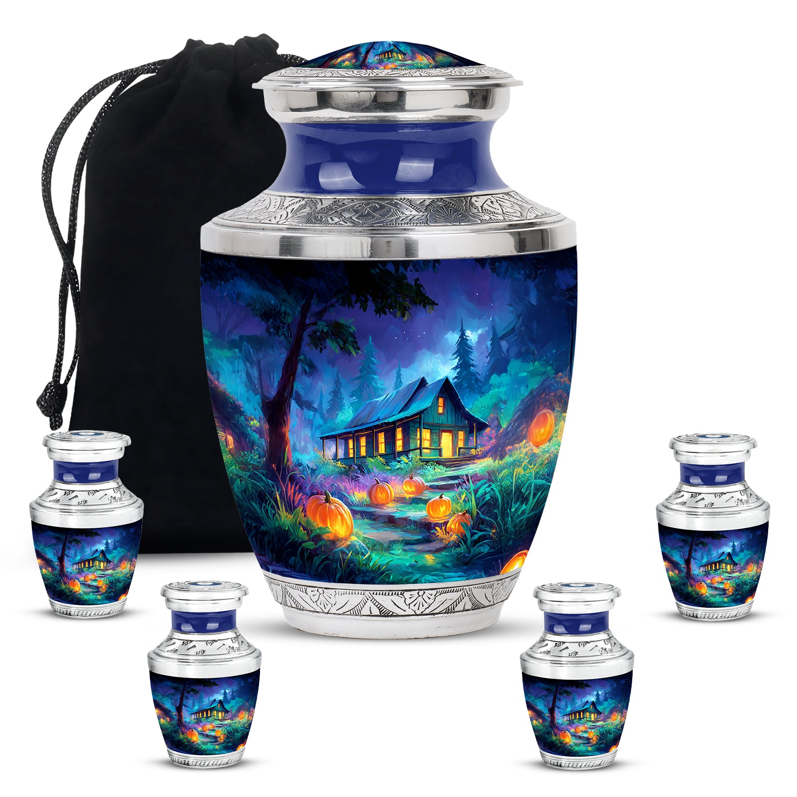 Royal Blue Halloween Cremation Urn lifestyle display on memorial shelf - artistic halloween interpretation with creative detail - memorial set with one large and four small urns