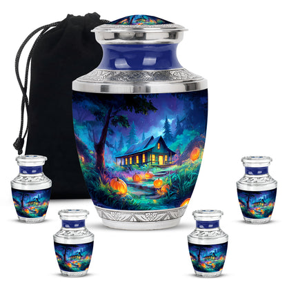 Royal Blue Halloween Cremation Urn lifestyle display on memorial shelf - artistic halloween interpretation with creative detail - memorial set with one large and four small urns