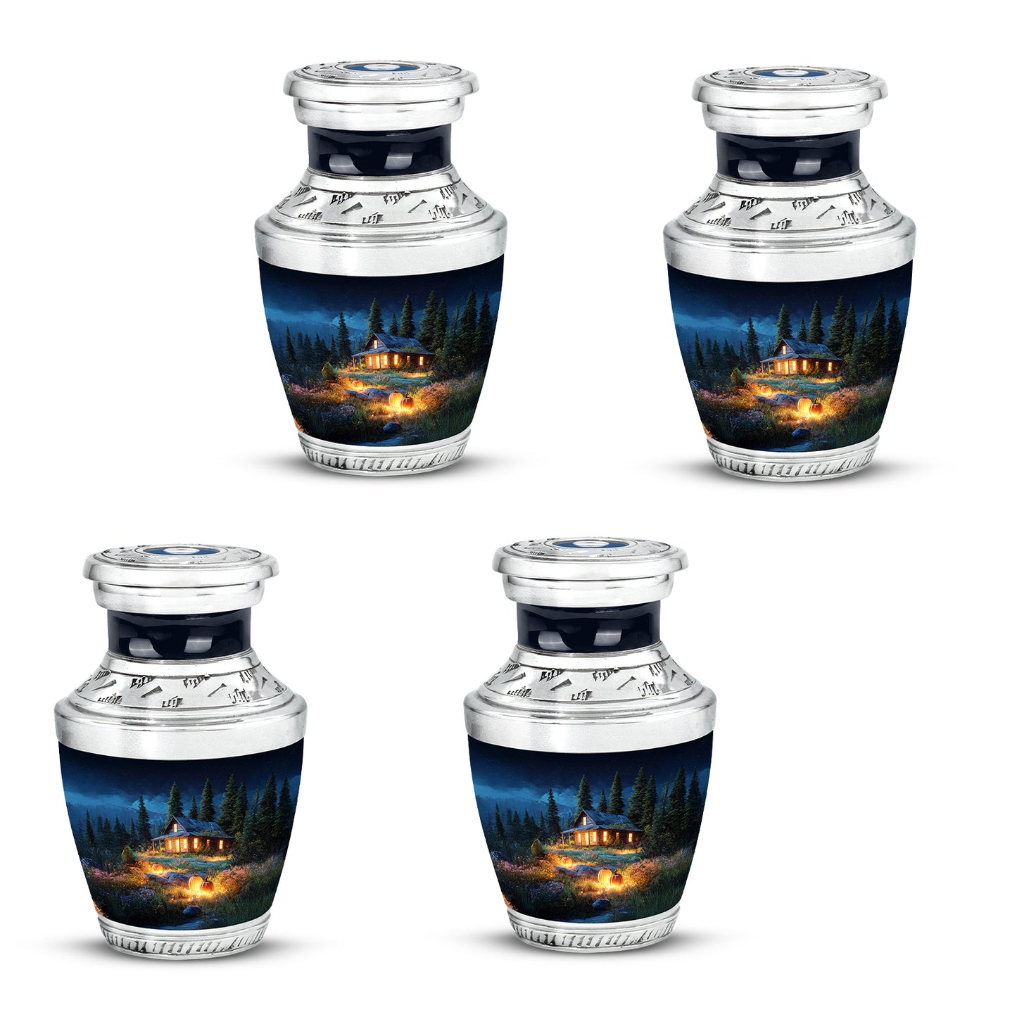 Twilight Blue Halloween Cremation Urn back view with polished surface - artistic halloween interpretation with creative detail - 10 inch aluminum urn for cremated remains