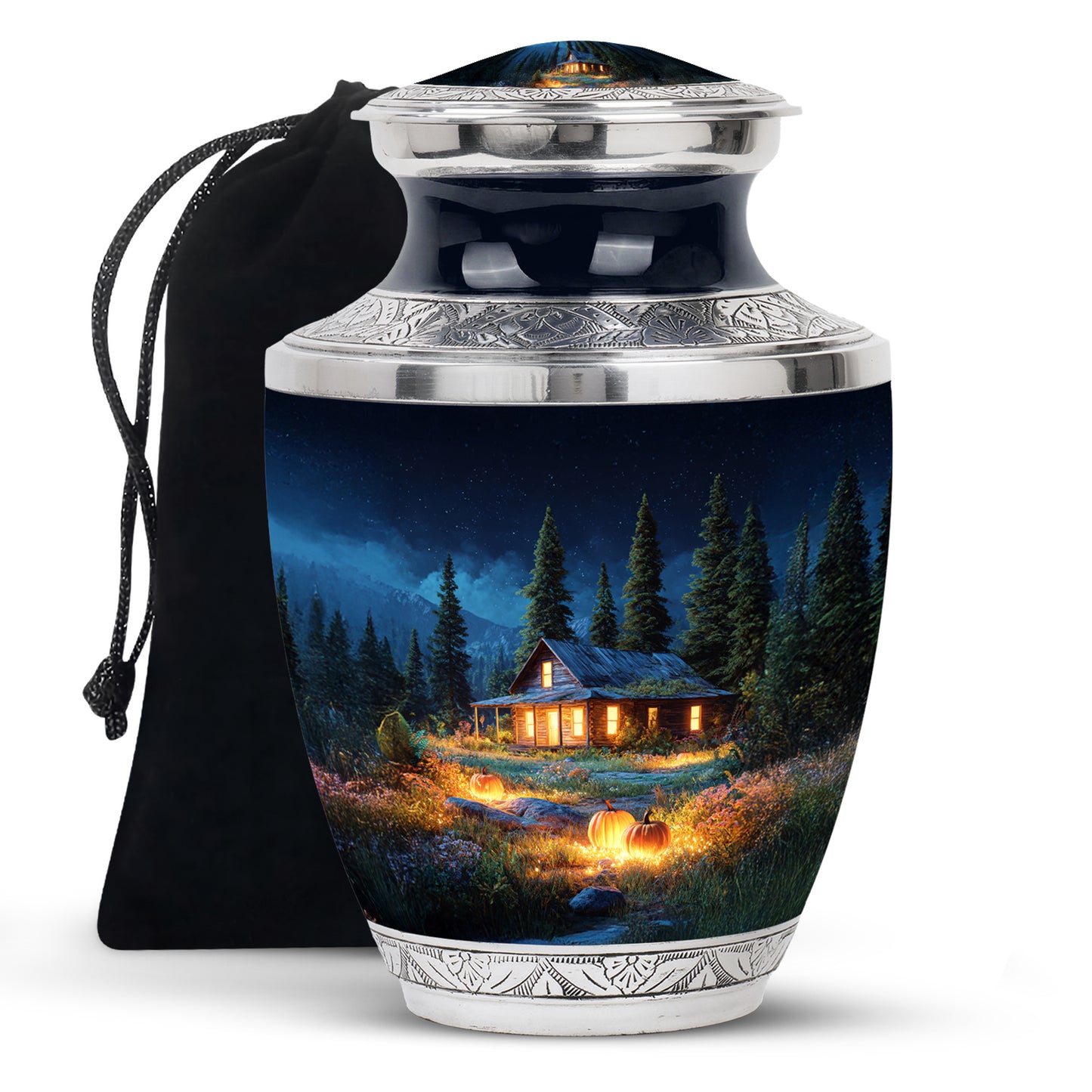 Calming Blue Halloween Cremation Urn side profile showing urn shape - stylized abstract halloween pattern with bold lines - full-size 10 inch 200 cubic inch adult cremation urn