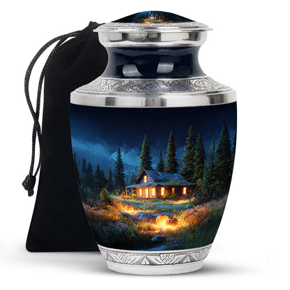 Calming Blue Halloween Cremation Urn side profile showing urn shape - stylized abstract halloween pattern with bold lines - full-size 10 inch 200 cubic inch adult cremation urn
