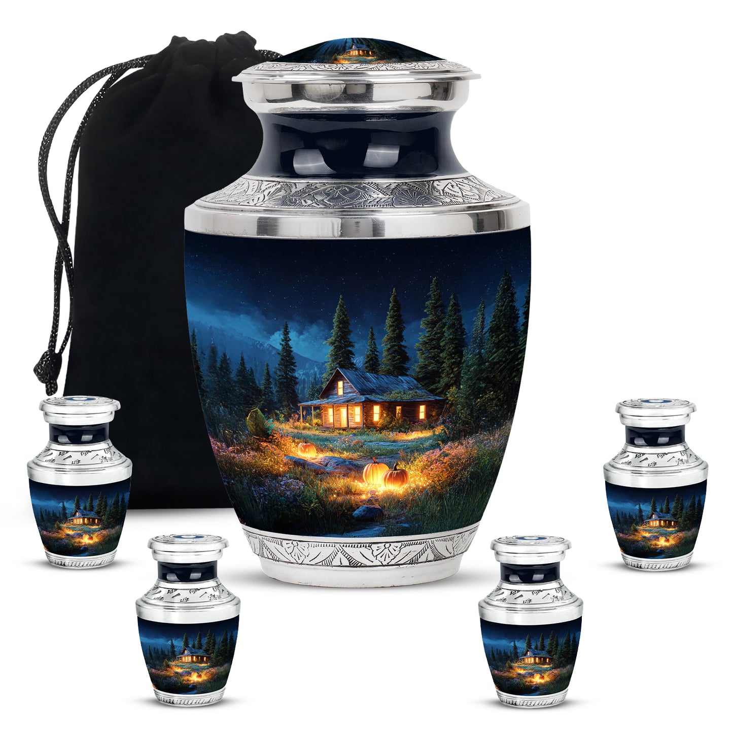 Icy Blue Halloween Cremation Urn lifestyle display on memorial shelf - contemporary halloween design with modern artistic flair - memorial set with one large and four small urns