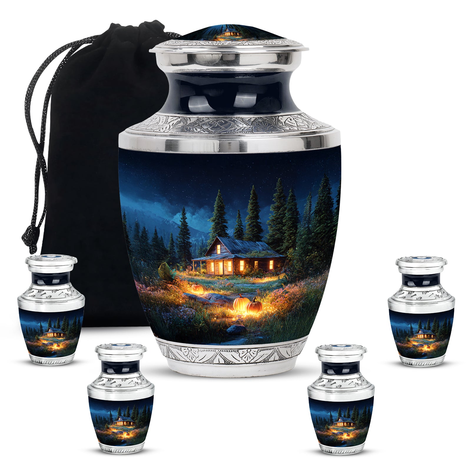 Icy Blue Halloween Cremation Urn lifestyle display on memorial shelf - contemporary halloween design with modern artistic flair - memorial set with one large and four small urns