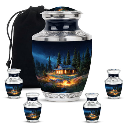 Icy Blue Halloween Cremation Urn lifestyle display on memorial shelf - contemporary halloween design with modern artistic flair - memorial set with one large and four small urns