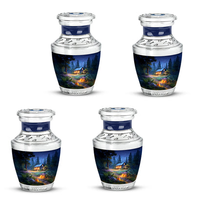Serene Blue Halloween Cremation Urn back view with polished surface - artistic halloween interpretation with creative detail - 10 inch aluminum urn for cremated remains
