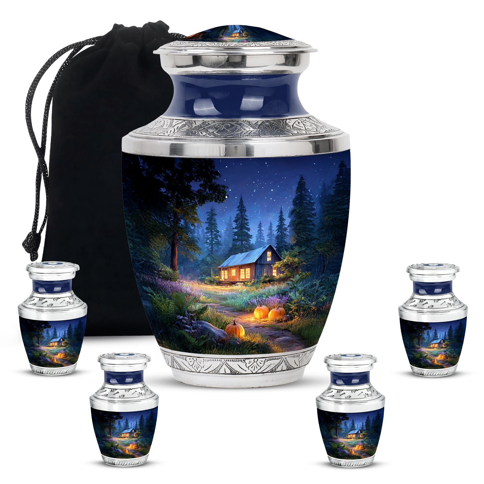 Twilight Blue Halloween Cremation Urn lifestyle display on memorial shelf - artistic halloween interpretation with creative detail - memorial set with one large and four small urns