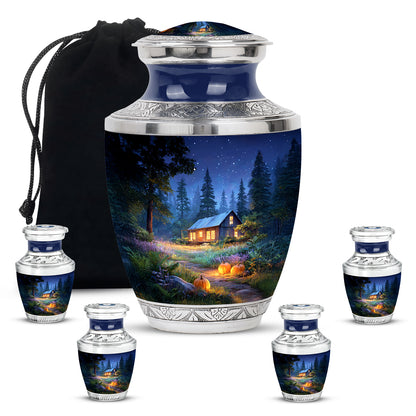 Twilight Blue Halloween Cremation Urn lifestyle display on memorial shelf - artistic halloween interpretation with creative detail - memorial set with one large and four small urns