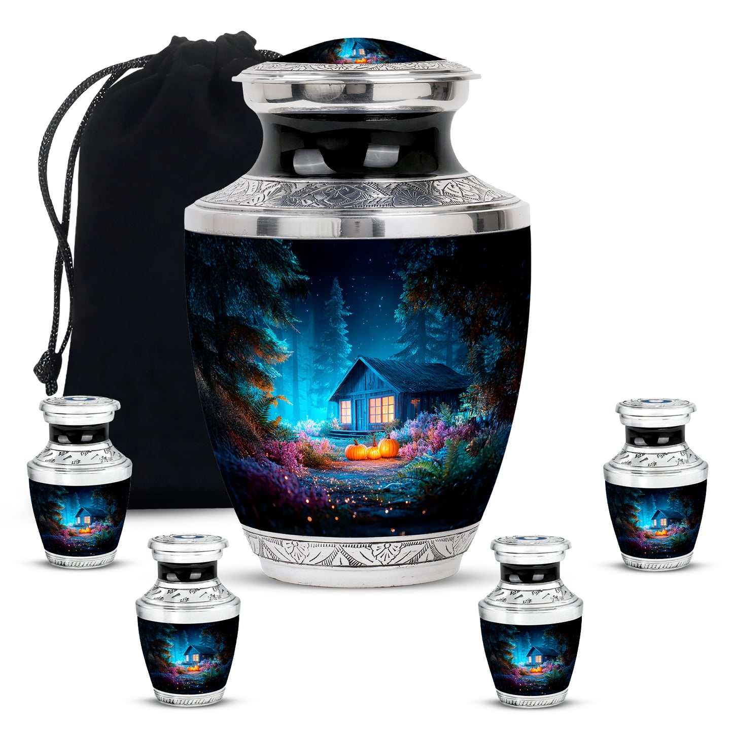 Serene Blue Halloween Cremation Urn lifestyle display on memorial shelf - artistic halloween interpretation with creative detail - memorial set with one large and four small urns